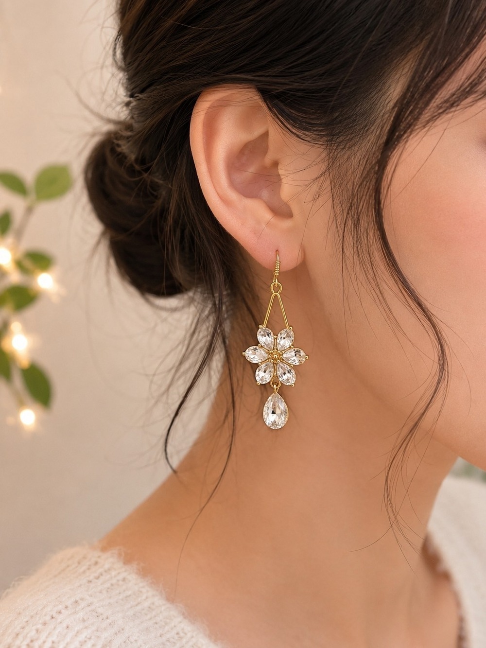Gold Floral Crystal Drop Earrings Women